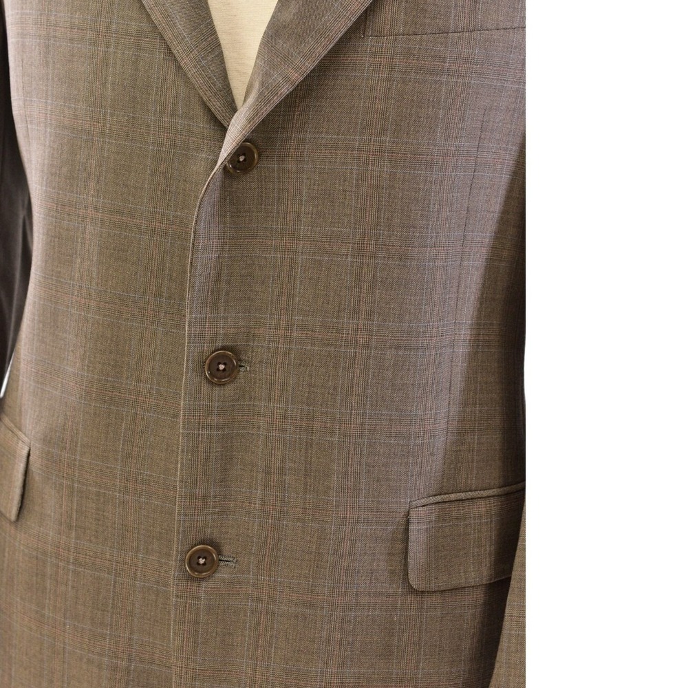 Ted Baker Plaid Wool Suit Mens 44R 34x32 Light Brown 3 Button Pleated Pants 90s - Picture 5 of 9